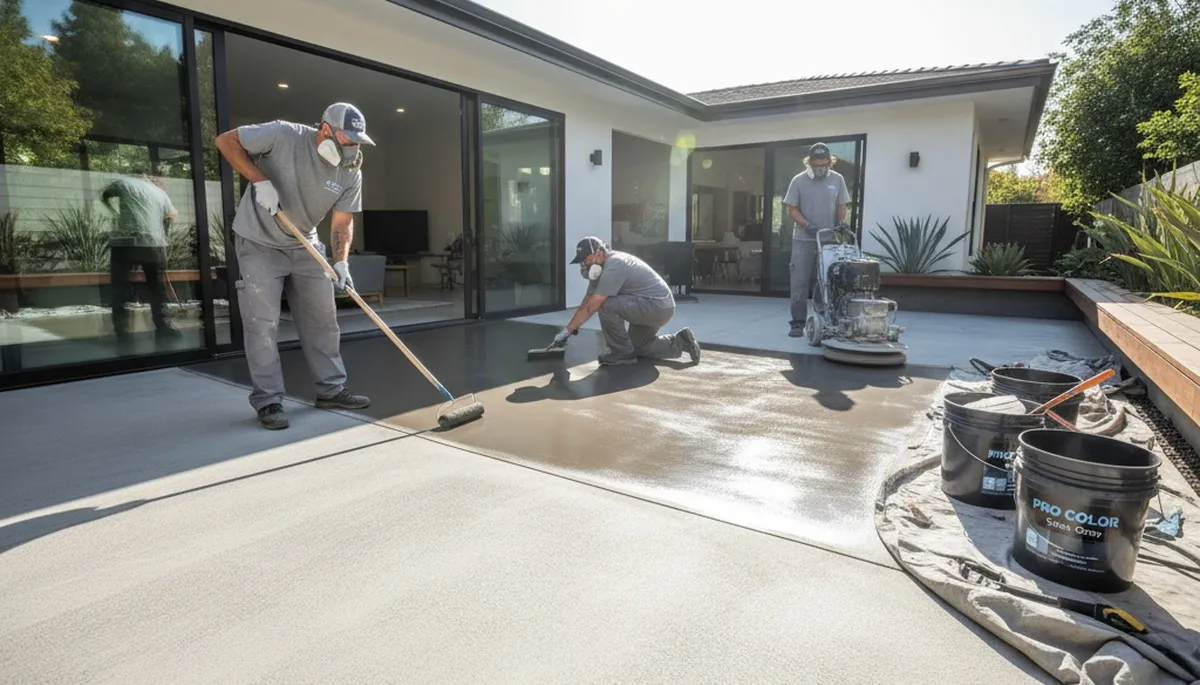 Professional concrete staining on residential patio in Dallas, TX by expert house painters