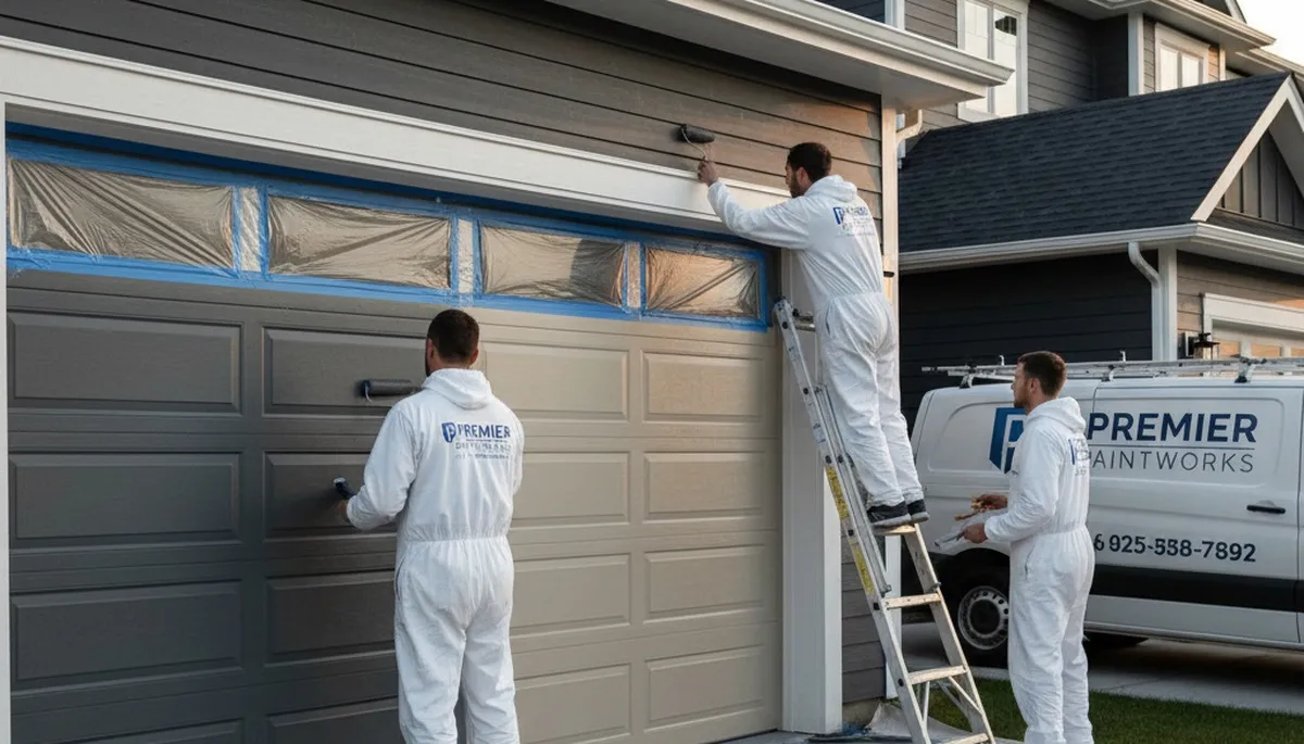 Professional garage door painting in Dallas TX by expert house painters restoring curb appeal
