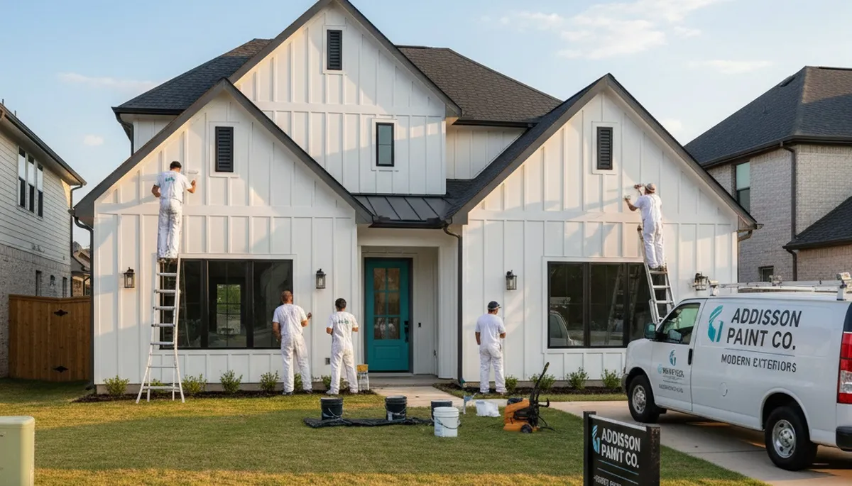 House painters working on a Dallas, TX home exterior with professional painting equipment