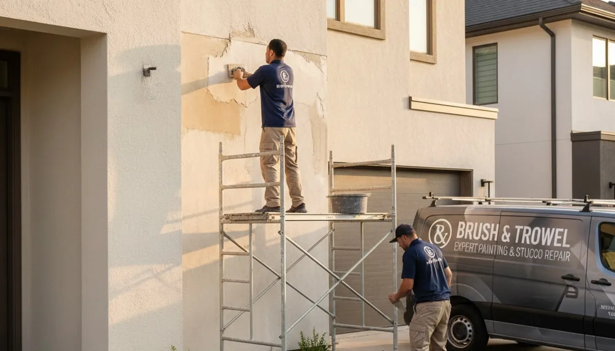 Professional stucco repair on Dallas TX home exterior by expert house painters restoring smooth finish